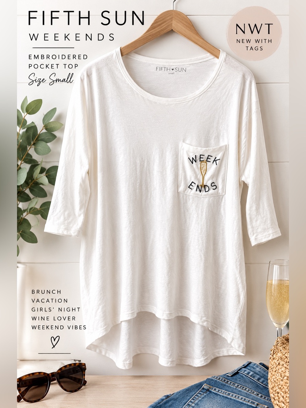 NWT Fifth Sun Weekends Champagne Embroidered Pocket Top White Size Small